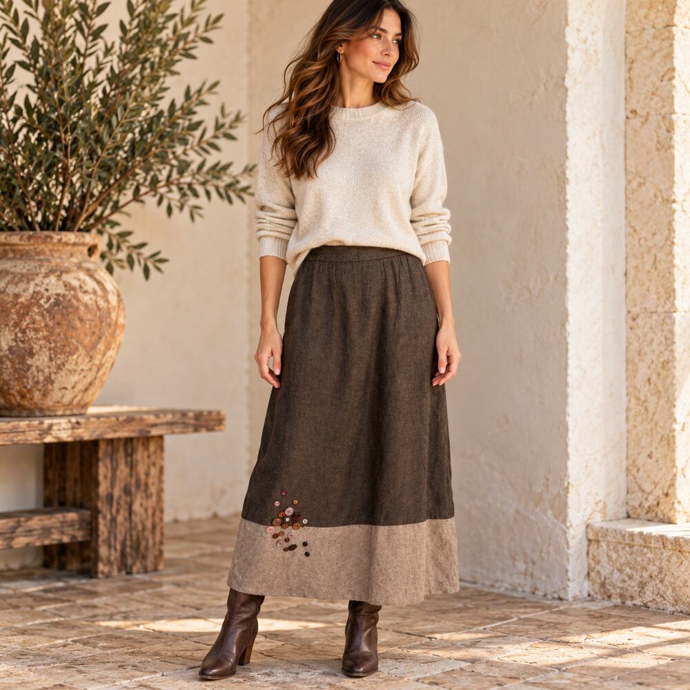 David Dart Maxi Skirt XL Brown Wool Blend Lagenlook Artwear Boho Vintage